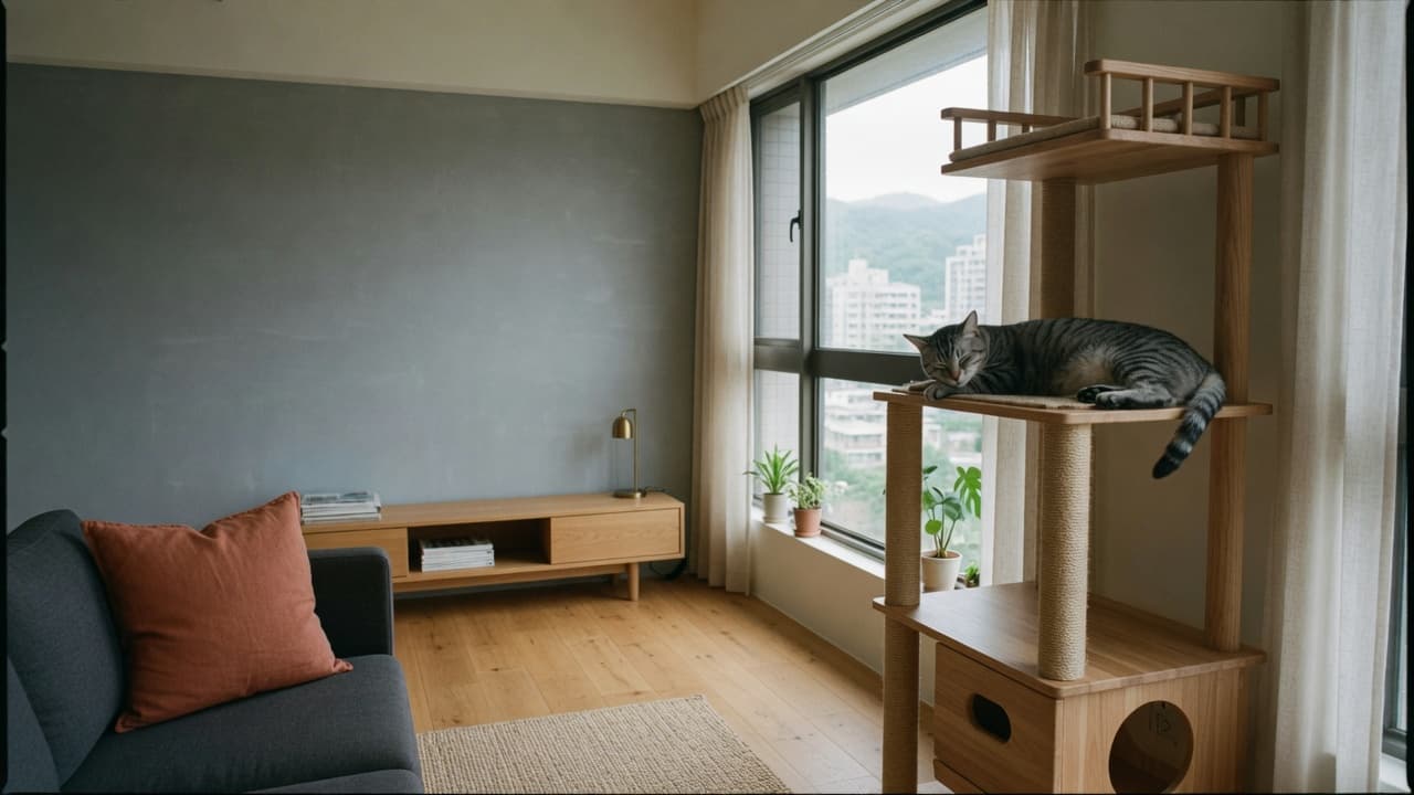 貓在客廳窗邊的實木貓跳台上休息